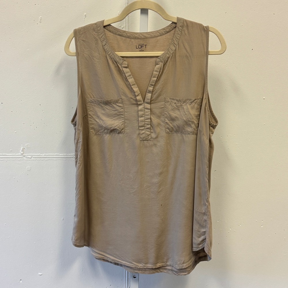 Ann Taylor LOFT Tan Khaki Mixed‎ Media Sleeveless V-Neck Pocket Blouse Large